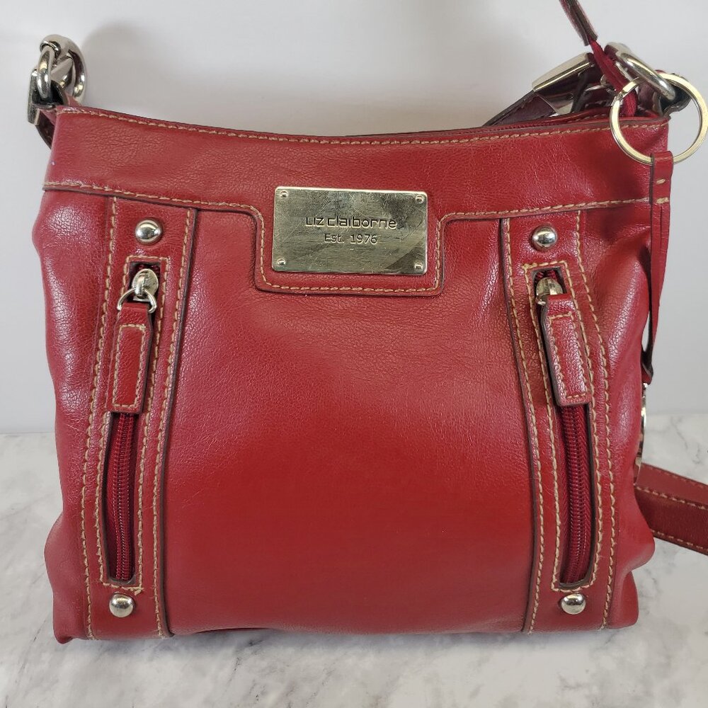 80s Red Liz Claiborne Leather Shoulder Bag Retro Crossbody with Adjustable Strap